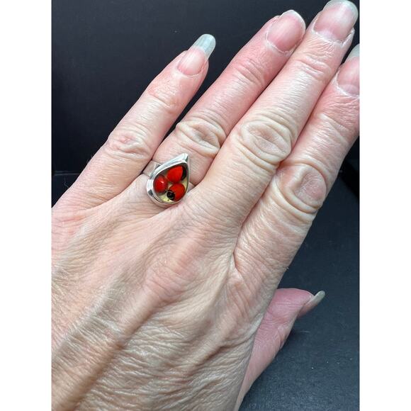 950 Silver Adjustable Huayruro Seed Resin Ring Peruvian Art Good Luck, Size 7 - Picture 2 of 8